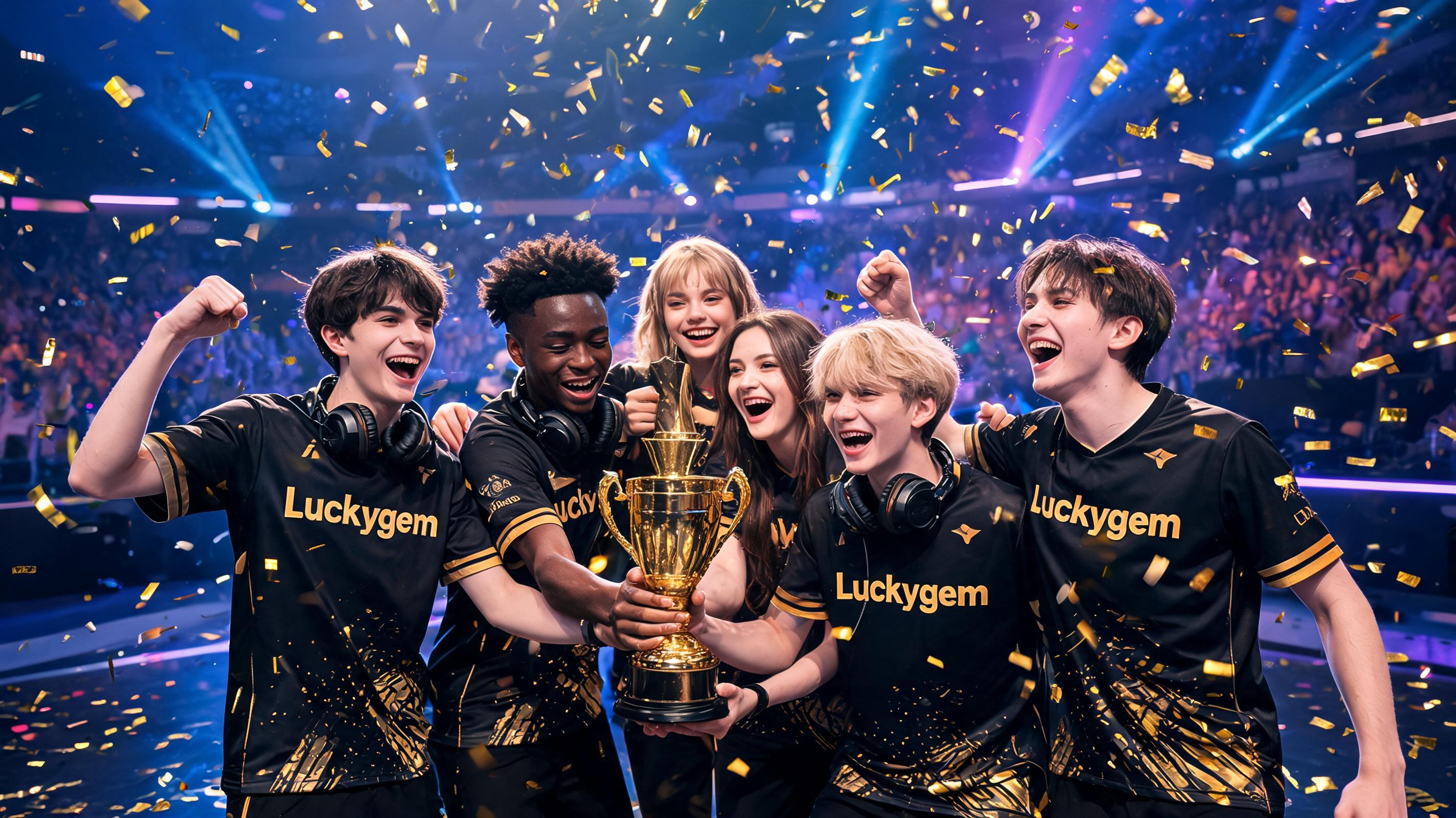 Luckygem players in a group celebration with awards and trophies